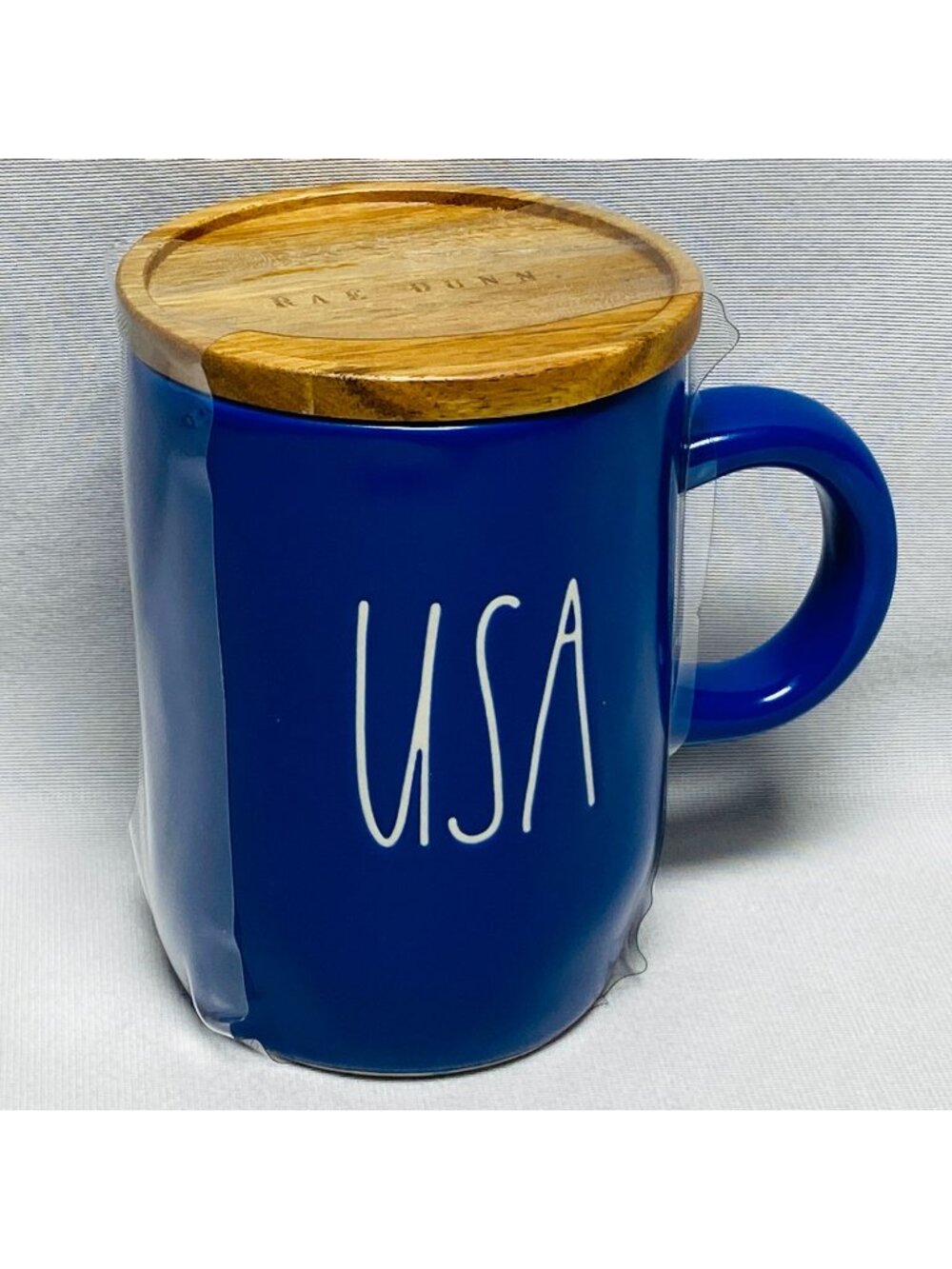 Rae Dunn Artisan USA Blue Ceramic Mug With Wooden Lid/Coaster 18 oz